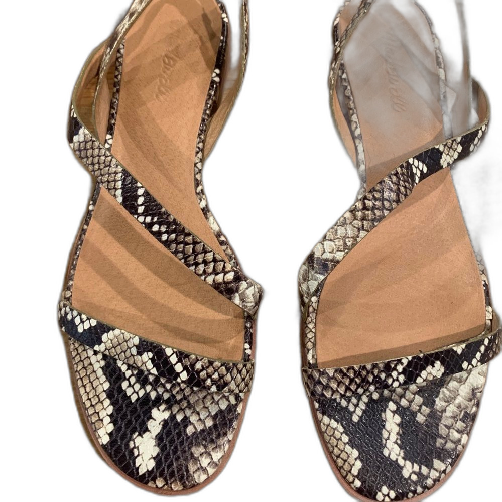 Madewell Black and Cream Snake Print Leather Strappy Sandals Size 9